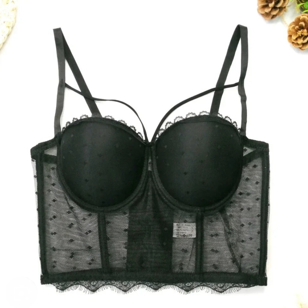 Luulla Black Lace Mesh Push Up Supportive Bustier Bra Top, S